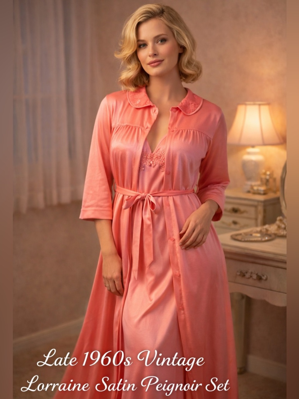 Vintage 1960s Lorraine Coral Pink Peignoir Set Robe Nightgown Small